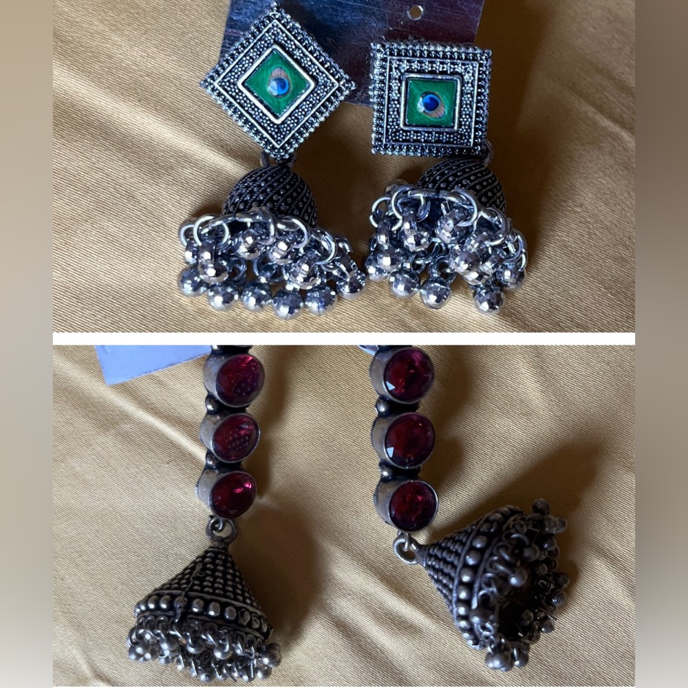 2 for 1! Authentic Indian jeweled and peacock 🦚 motif jhumka earrings